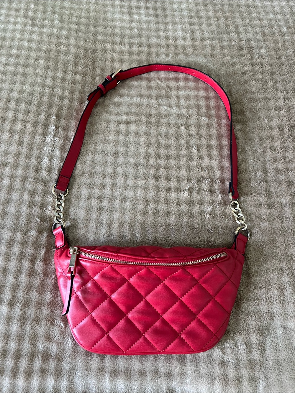 Aldo Quilted Red Crossbody Bag with Chain-Trim Strap
